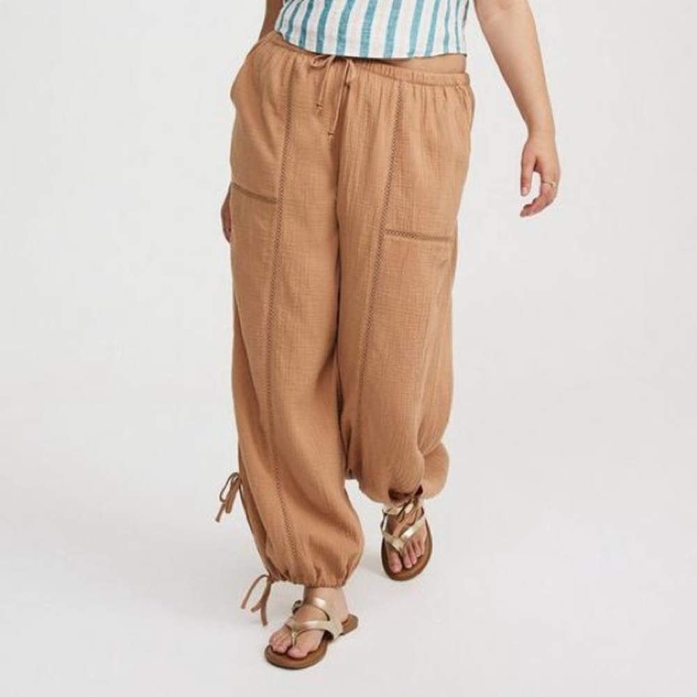 TORRID Pull-On Gauzy Cotton High-Rise Relaxed Haram Plus Pants Side-Tie Details